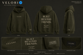 Green hoodie with 'Velori' branding and text on a dark background